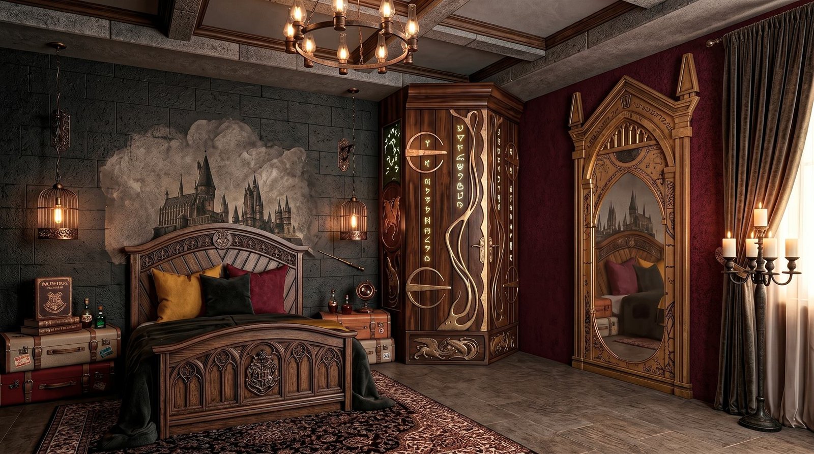 Habitación con cabecera tallada, arañas de hierro y textiles bordó