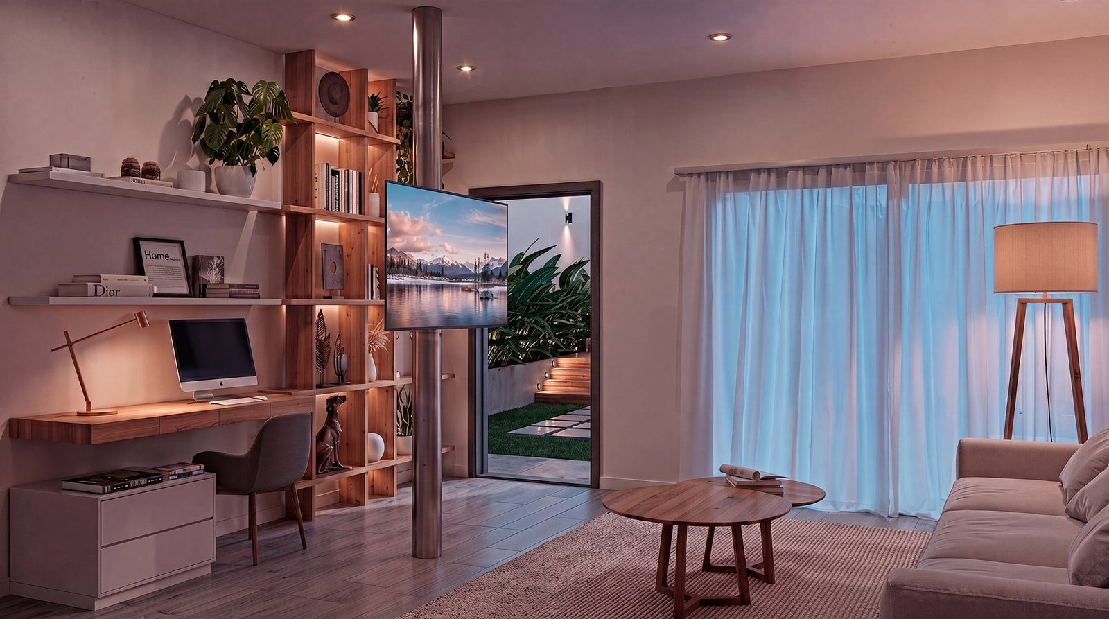 Sala de estar con escritorio, estantería y salida a la terraza