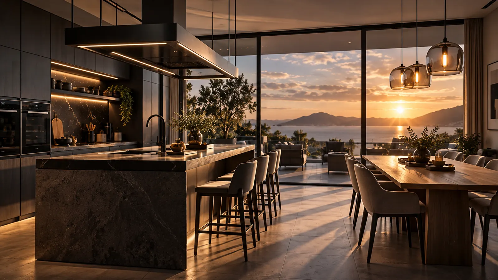 Render estático de una cocina con isla y comedor al atardecer, con ventanal al mar